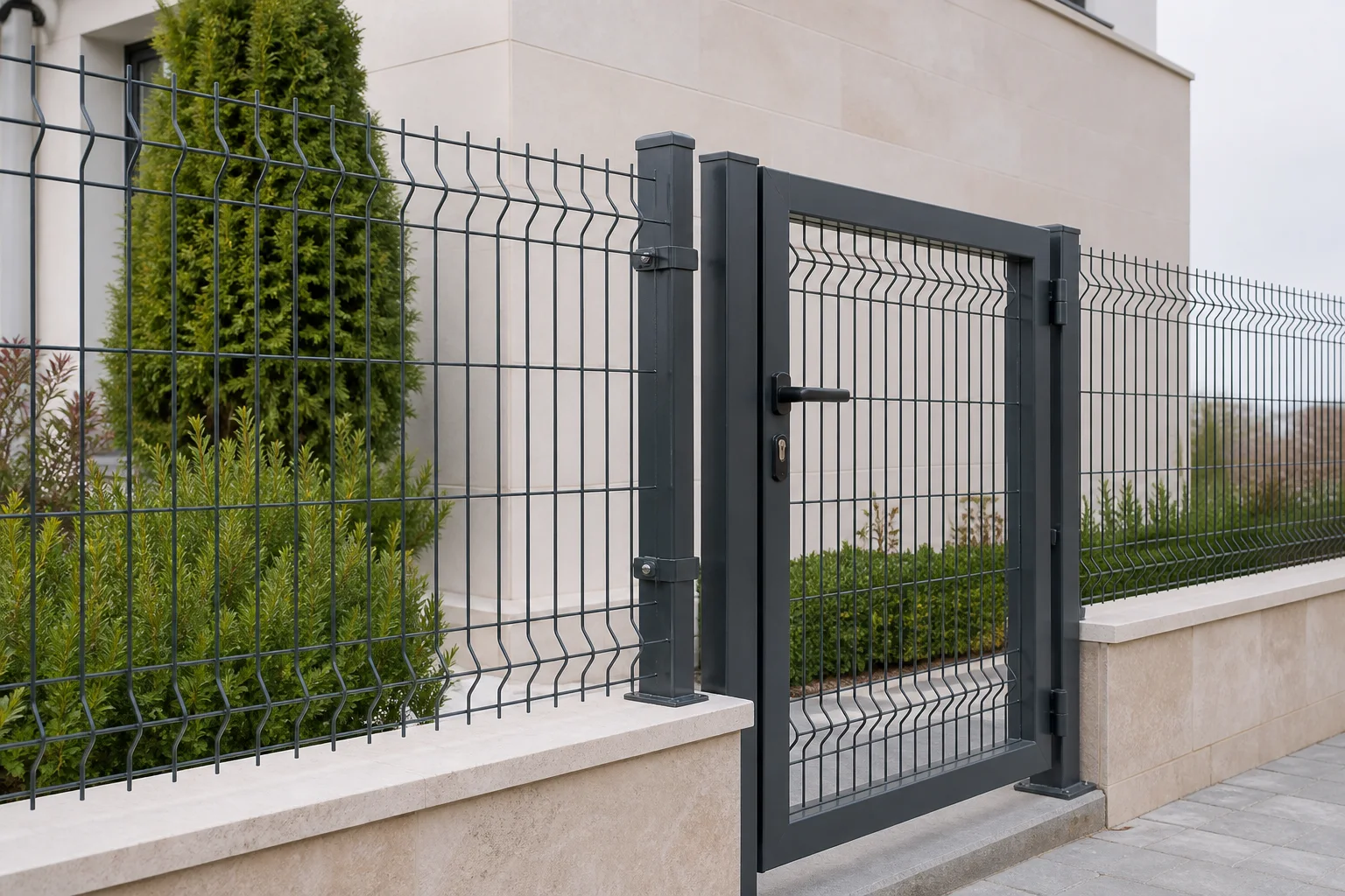 Antrasit panel çit ve yaya kapısında bağlantı ile montaj detayları